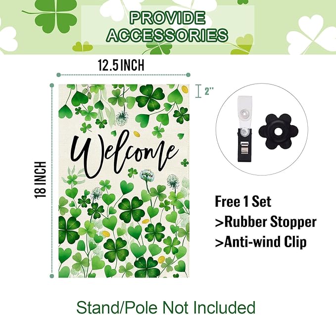 Baccessor St.Patrick's Day Welcome Garden Flag 12.5x18 Inch Double Sided,Green Lucky Shamrock Clover Flag Spring Farmhouse Holiday Yard Lawn Outdoor Outside Decoration
