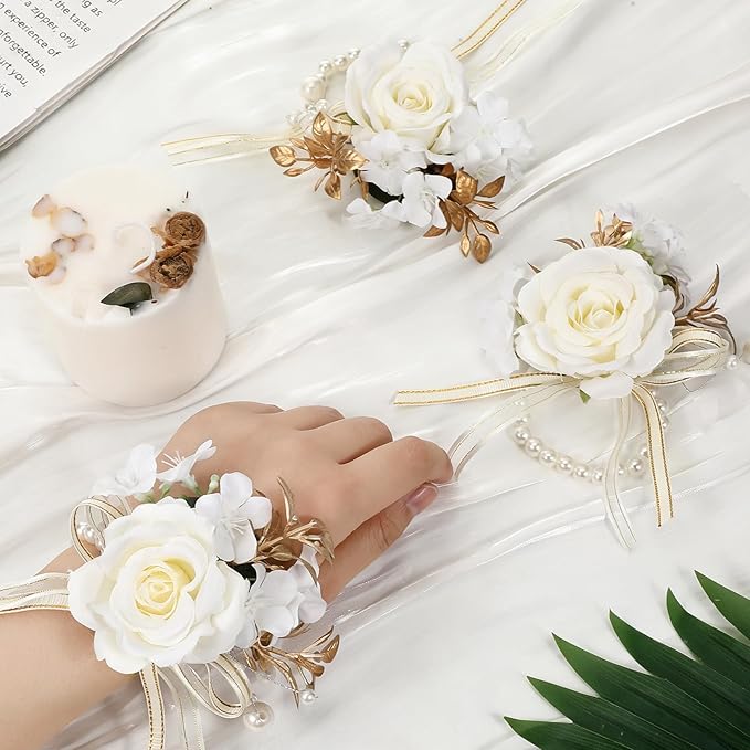 6 Pcs Rose Wrist Corsage, Champagne Artificial Flower Wristlet for Bride Exquisite Ceremony Accessories for Party, Wedding, Anniversary