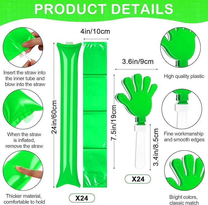 Yunsailing 96 Pcs Homecoming Noisemakers Team Spirit Accessories for Game Day Include Hand Clappers Cheerleading Pom Pom Thunder Stick Cheer Party Blower Plastic Whistle for Sport Fans(Green)