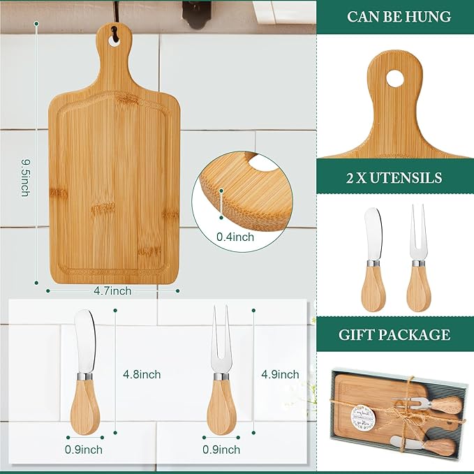 60 Set Bridal Baby Shower Cheese Prizes Wooden Square Board Gift Set Knives Forks Thank You Tags with Box for Guests for Valentines Bridal Baby Shower Housewarming Gifts (Bamboo Color)