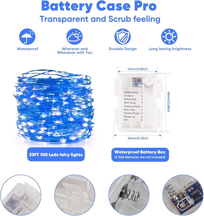 Ariceleo 2 Pack 32.8 Ft. Battery Operated Outdoor String Lights with Remote & Timer, LED Blue Fairy Lights, Waterproof Twinkle Lights for Bedroom, Dorm, Mason Jar, Wedding, Party, Christmas
