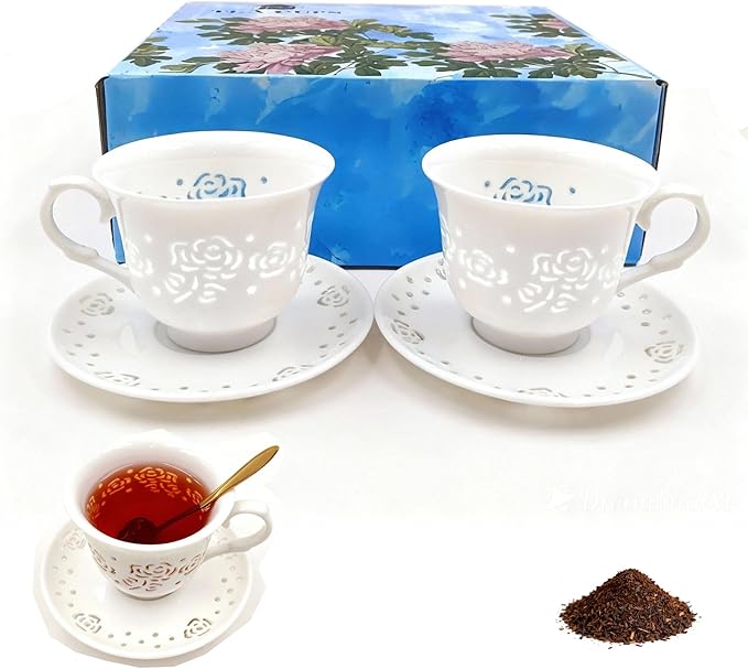 Porcelain Tea Cup and Saucer Set with Carved Glazed Surface,Hollowed-out Ceramic Coffee Mug Creative Tea Cups with English Black Tea&Spoon Set as Gifts Idear for Tea Lovers