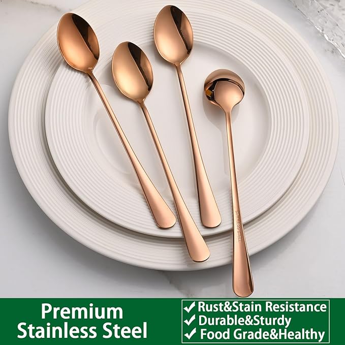 7.5 Inches Long Handle Coffee Stirring Spoons,Set Of 8 Rose Gold Iced Tea Spoon,Copper Stainless Steel Ice Cream Spoons,Sundae Spoon