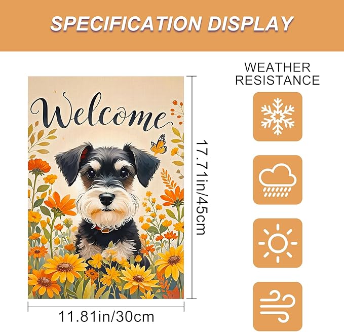 BlissYard Fall Garden Flag 12x18 Inch Welcome Schnauzer Dog Outdoor Flag Double Sided Autumn Yard Banner with Sunflowers and Butterflies for Porch Lawn Patio