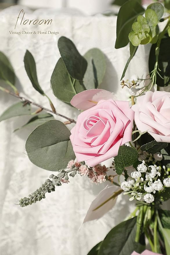 Floroom Artificial Flowers 25pcs Real Looking Blush Pink Ombre Colors Foam Fake Roses with Stems for DIY Wedding Bouquets Bridal Shower Centerpieces Floral Arrangements Party Tables Home Decorations