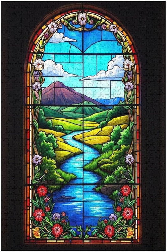 Wooden Jigsaw Puzzles - Stained Glass Window & View - 1000 Piece Jigsaw Puzzle for Adults Teenagers and Kids Educational Family Game，Home Decor，Suitable for Puzzle Enthusiasts and Collectors