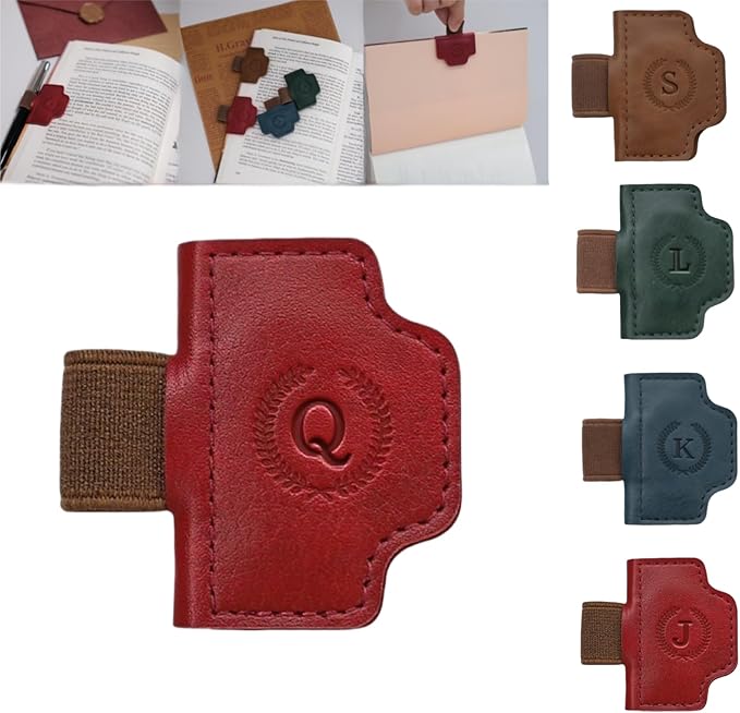 Personalized Magnetic Bygone Mark Bookmark with Pen Holder, 26 Letters Name Initial Custom Leather Book Mark for Women, Gifts for Book Lovers and Readers (Red,Q)