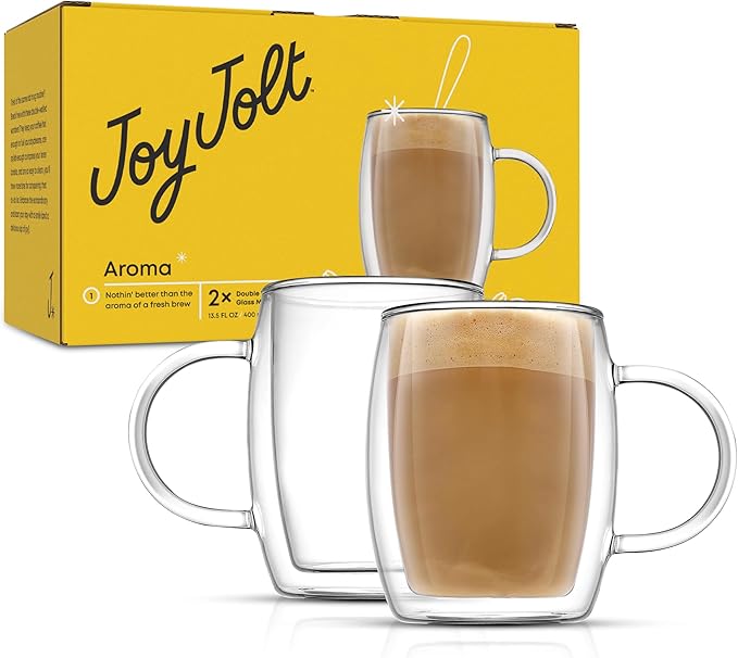 JoyJolt Double Wall Glasses 13.5-Ounce Insulated Mugs Double Walled Glass Cups For Coffee Tea Set of 2