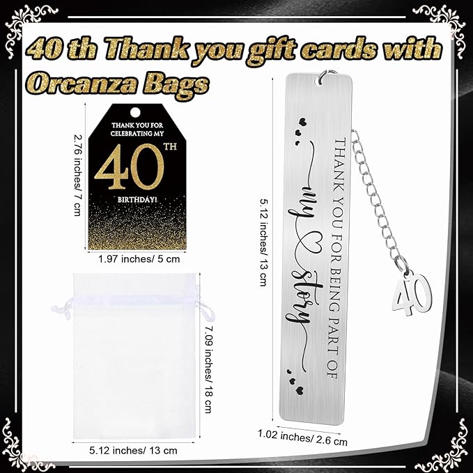 25 Sets Birthday Favors for Guests 25 Thanks for Coming Ballpoint Pens 25 Bookmarks 25 Cards with Organza Bag for Adult Birthday Anniversary Party Souvenir(Metal-40th)