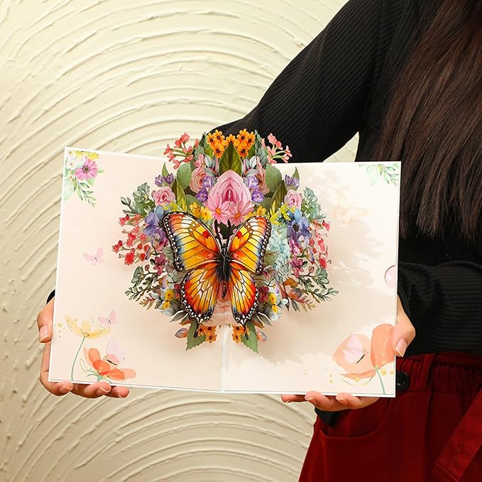 Beautiful Butterfly resting on pink roses pop up birthday card. A beautiful gift for women who love butterflies and roses for Mother's Day, Thanksgiving, Women's Day, Wedding Anniversary,with envelope.