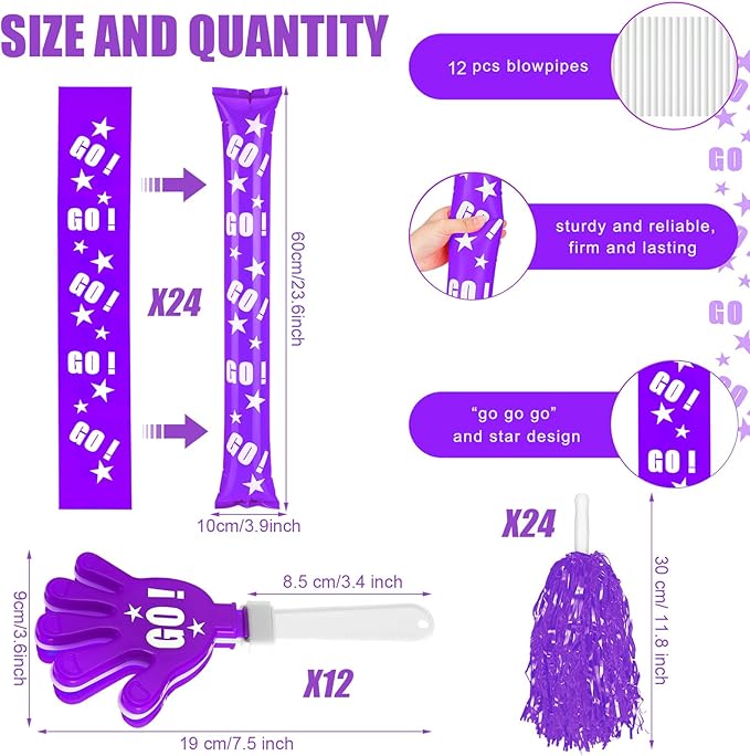 Hungdao 60 Pcs Noise Makers Homecoming Football Favors Include 24 Thunder Sticks Cheer Sticks 12 Hand Clapper 24 Cheerleading Pom Poms for Sporting Events Pep Rally Supplies(Purple)