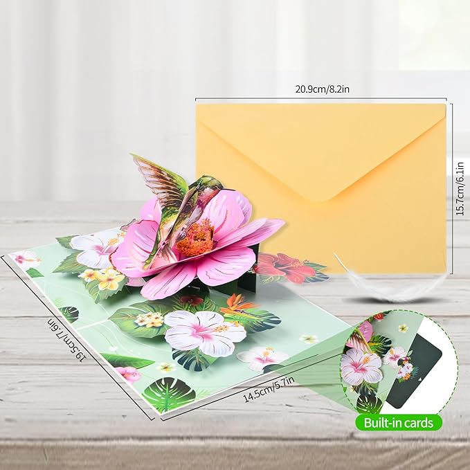 Joyvine 3D pop-up butterfly greeting cards, celebration cards, gratitude cards, rehabilitation greeting cards, suitable for Mother's Day, Father's Day, Thanksgiving, birthdays, anniversaries, with notes and envelopes (Pink Flowers - Hummingbird)