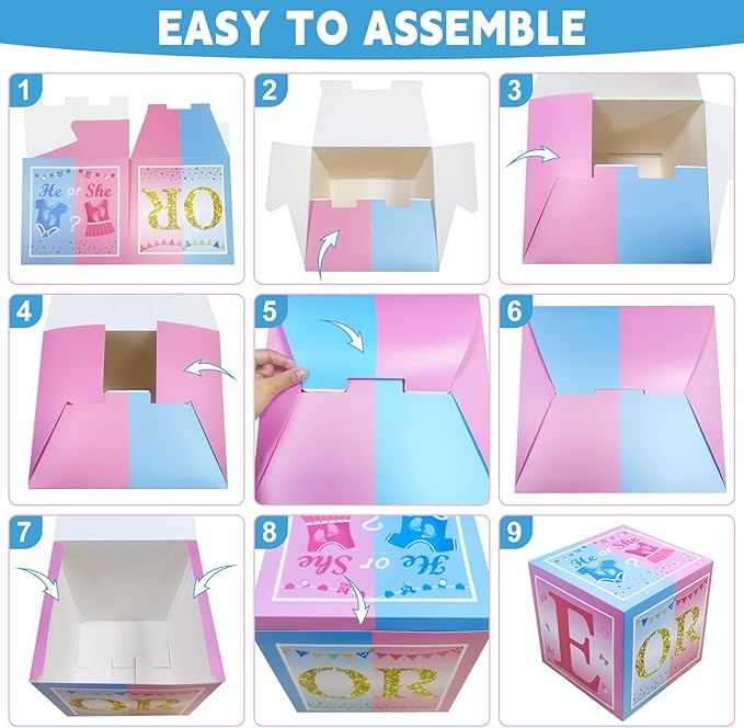 3pcs Gender Reveal Decorations Baby Boxes, Blue Pink He or She Gender Reveal Theme Boxes Party Supplies, Blue Blush Pregnancy Announcement Cardboard Box