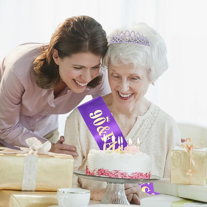 Casoty Purple 90th Birthday Sash and Tiara for Women, 90th Birthday Decorations Party Supplies for Women, Purple 90 & Fabulous Sash and Crown Set, Gifts for Her