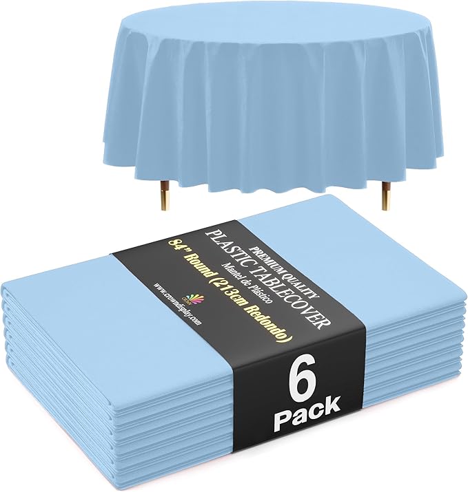Exquisite 66% Thicker Premium Light Blue Round Tablecloth 0.5 Mil 6 Pack Plastic Table Cloth Disposable 84 Inch Round Plastic Tablecloth Won't Tear Easily Like Cheap Thin Brands