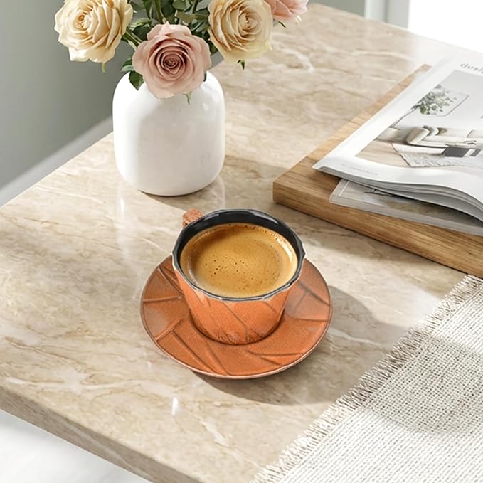 Ceramic Espresso Cups with Saucers 6 oz,Coffe Cups for Cappuccino,Latte,Tea with Saucers Set of 2 - Geometry - Brown