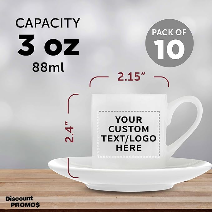 DISCOUNT PROMOS 10 Espresso Cups with Saucers Set, 3 oz. - Personalized Text, Logo - Practical, Porcelain, Coffee Shops - White