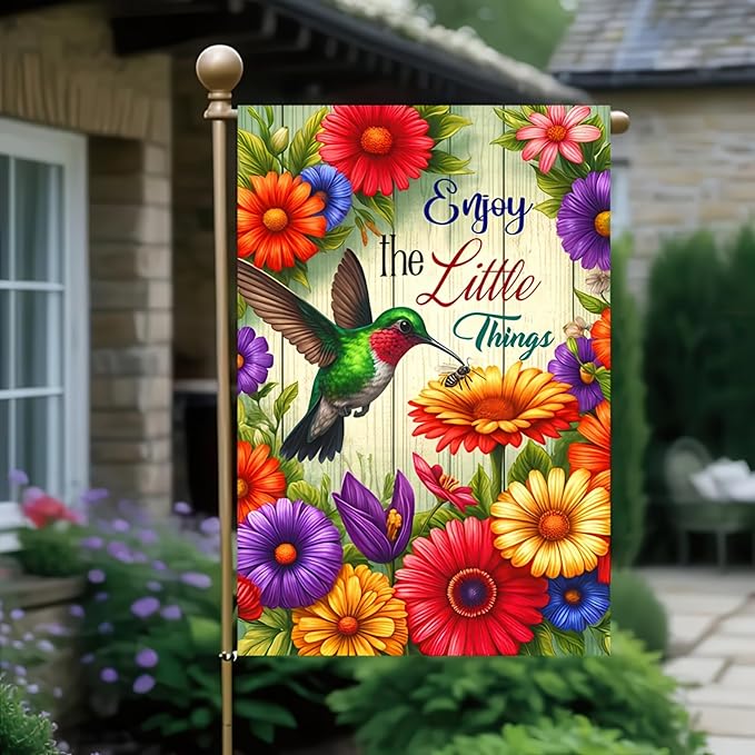 HOMETITUTE Inspirational Spring Garden Flag for Outside 12x18 Double Sided Hummingbird Floral Yard Decoration Outdoor Lawn Farmhouse Welcome Decor – Enjoy the Little Things