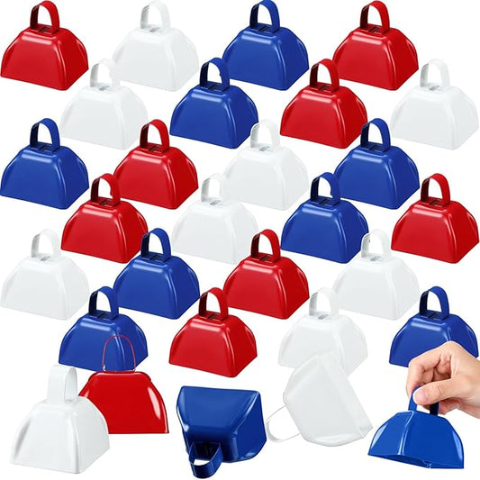 Zhengmy 24 Pcs Metal Cowbell Noisemakers with Handles, Cow Bells Noise Makers for Sporting Events 3 Inch Bulk Cheering for Football Baseball Games Team Wedding Celebrations(Blue, White, Red)
