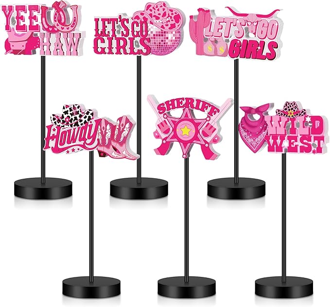 6 Pcs Pink Cowgirl Disco Centerpieces for Table Let's Go Girls Disco Cowgirl Bachelorette Party Decoration Western Wooden Standing Sign Decor for Birthday Western Rodeo Party Supplies
