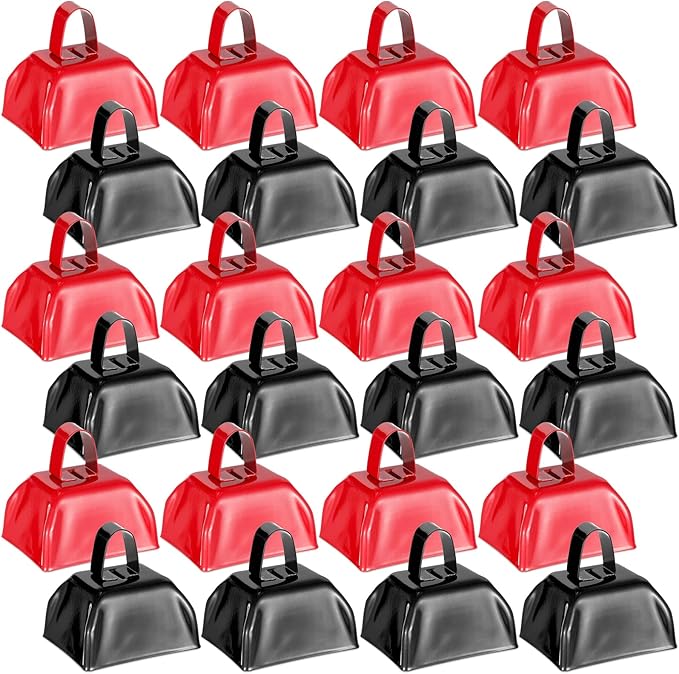 Yeshone 24 Pcs Metal Cowbell with Handle Cow Bells Noise Makers for Sporting Events Small Loud Noisemaker Cow Bell for Wedding Cheering Football Games, 3 x 2.8 x 2.5 Inch(Red, Black)