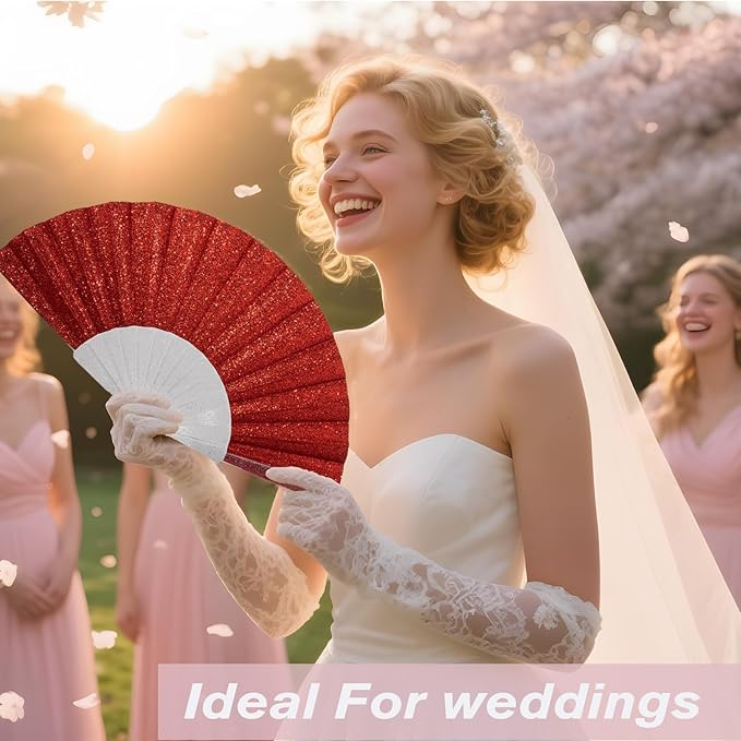 24 Pack Handheld Fan,Folding Hand Glitter Fan with Shining Transparent Fan Rib – Ideal for Wedding, Church, Festival, Dance, Tea Party, Club, and EDM Accessories, Red