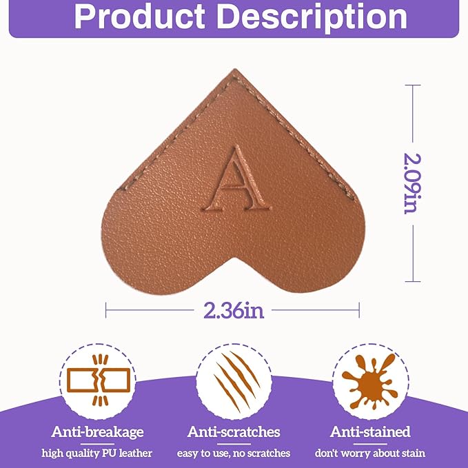 MOTEERLLU Personalized Leather Heart Bookmark with Initials, Cute Custom Corner Bookmarks for Reading Women, Men, Kids, Teachers, Book Lovers Gifts(Brown M)