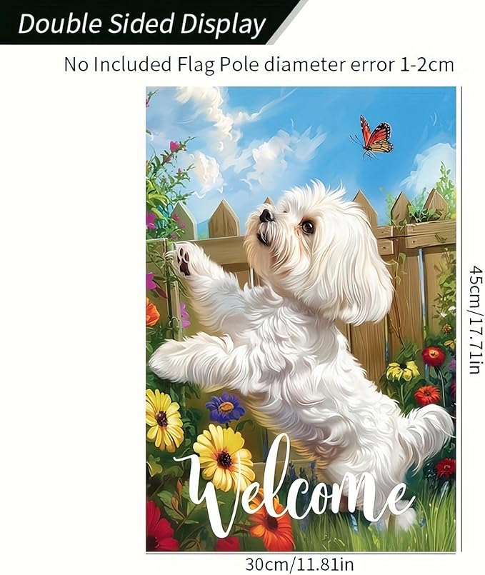 HOMETITUTE Welcome Spring Summer Flowers Maltese Dog Garden Flag Lovely Floral Seasonal Home Decor Banner 12x18 Double Sided Funny Dog Garden Flag Farmhouse Outdoor Yard Decoration Flag