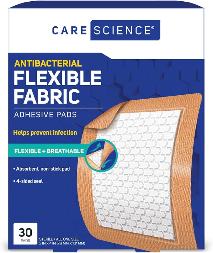 Care Science Fabric Adhesive Pad Bandages, 3x4 inches Extra Large Flexible Non-Stick Strip, Helps Prevent Infection, Breathable Protection, for First Aid & Wound Care, 30 Count