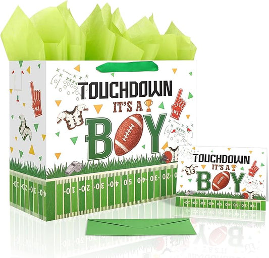 Fukaisu Football Gift Bag, Touchdown Its a Boy Gift Bag with Wrapping Papers Greeting Card and Envelope Rugby Themed Party Favors Suitable for Sport Baby Shower Gender Reveal Supplies Gifts