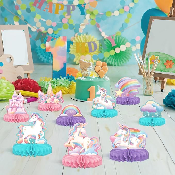 Unicorn Birthday Party Supplies Set - Rainbow Table Decorations with Honeycomb Centerpiece for Unicorn Party Decorations