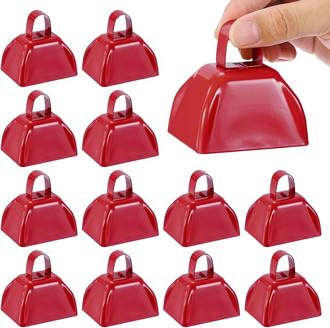 PATIKIL 16pcs Cow Bells for Football Games, 3inch Cowbells for Sporting Events Bulk Loud Noise Makers Metal Cow Bell with Handle for Cheering Competition Marathon Wedding, Red