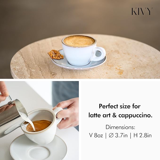 KIVY Cappuccino cups set [4x 8oz] - Thick-walled stoneware cappuccino cup set for latte art - Cappuccino coffee cups - Tazas de cafe - Latte cups - Ceramic latte art cup and saucer set of 4