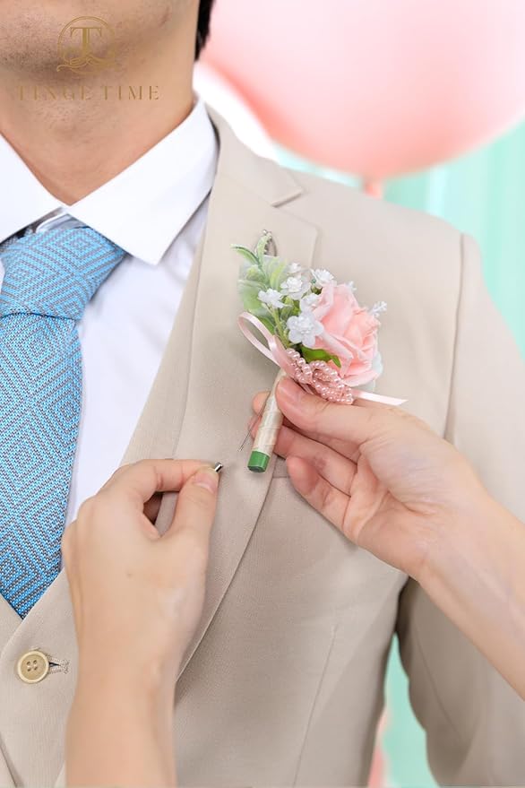 TINGE TIME Boutonniere for Men Wedding,Groom and Best Man Boutonniere for Wedding Ceremony Anniversary, Formal Dinner Party and Rustic Spring Wedding Marriage (10, MintGreen&Pink)