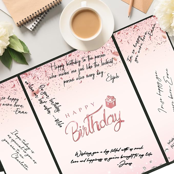 Crenics Black and Pink Happy Birthday Decorations for Women, Creative Birthday Guest Signature Book Alternative 18" x 12", Awesome Birthday Gifts for Girls