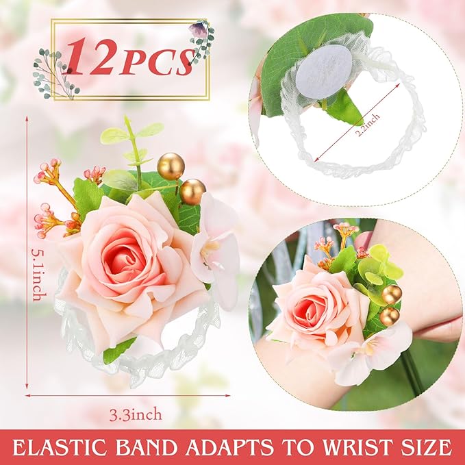 Sherr Set of 12 Rose Wrist Corsages for Wedding Corsage Flower Wristlet Floral Wedding Wrist Bridal Rose Leaf Hand Flowers for Bride Bridesmaid Prom Engagement Festival(Pink)