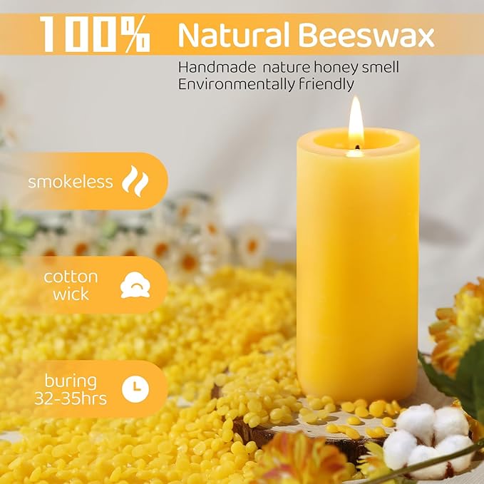 Natural Beeswax Pillar Candles,140 Hours Long Burning Pure Beeswax Candles Bulk,Unscented Bees Wax Candle for Home,Prayer,Dripless Smokeless Organic 100% Pillar Candles 2x4in-4pack