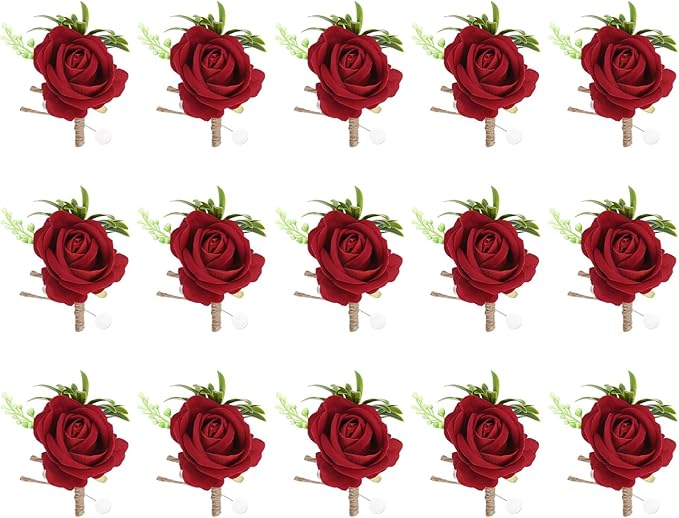 MECCANIXITY 15PCS Men Boutonnieres Corsages, Bright Red Rose Groomsmen Corsage Wristlet with Pins for Wedding Ceremony Anniversary, Dinner Party
