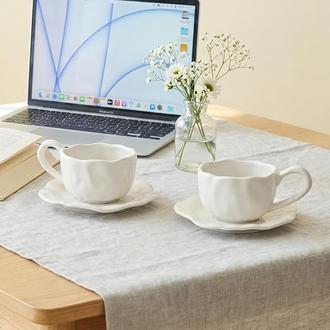 Ceramic Espresso Cups with Saucers 6 oz,Coffe Cups for Cappuccino,Latte,Tea with Saucers Set of 2 - Folds - White