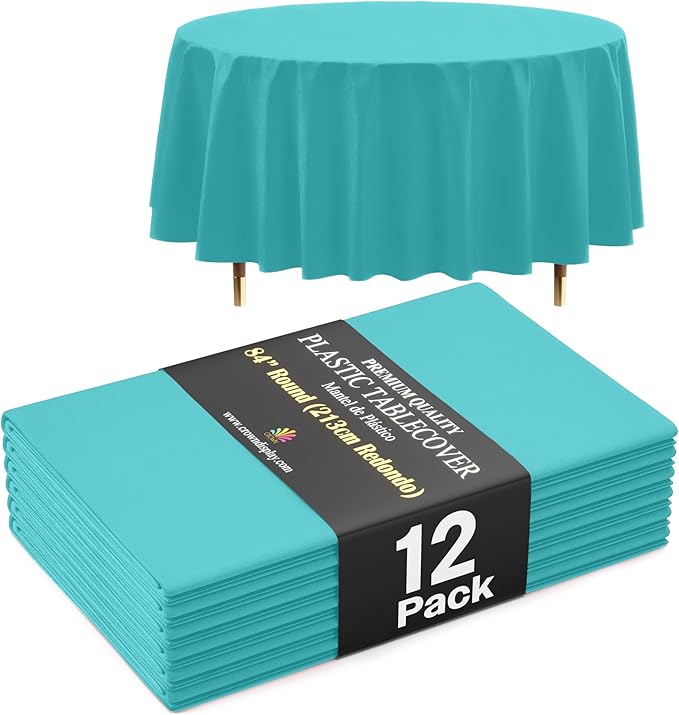 Exquisite 66% Thicker Premium Aqua Round Tablecloth 0.5 Mil 12 Pack Plastic Table Cloth Disposable 84 Inch Round Plastic Tablecloth Won't Tear Easily Like Cheap Thin Brands