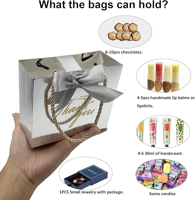 TKSBAG 100 Pack Small Thank You Gift Bags with Handles, 5.5''x 2.5''x4.7'' Mini Silver Gift Bags Bulk for Baby Shower, Birthday, Wedding, Party Favors, Back to School, Summer Party