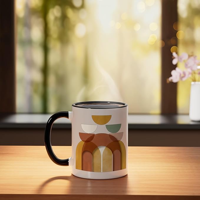 Mid-Century Modern Abstract Landscape Earthy Boho Arches Ceramic Mug, Black/White