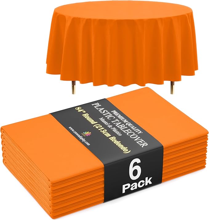 Exquisite 66% Thicker Premium Orange Round Tablecloth 0.5 Mil 6 Pack Plastic Table Cloth Disposable 84 Inch Round Plastic Tablecloth Won't Tear Easily Like Cheap Thin Brands