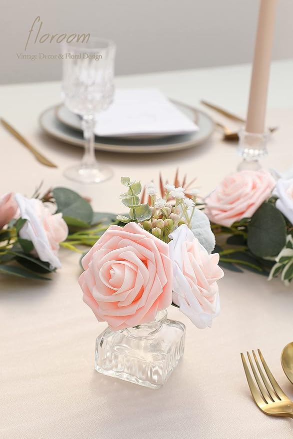 Floroom Artificial Flowers 25pcs Real Looking Blush Shades Foam Fake Roses with Stems for DIY Wedding Bouquets Bridal Shower Pink Centerpieces Floral Arrangements Party Tables Home Decorations