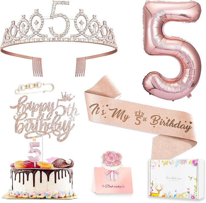 5th Birthday Decorations Girl, Including 5 year old Birthday Cake Topper, Queen Sash with Pearl Pin, Sweet Rhinestone Tiara Crown, Number Candles and Balloons Set, Rose Gold