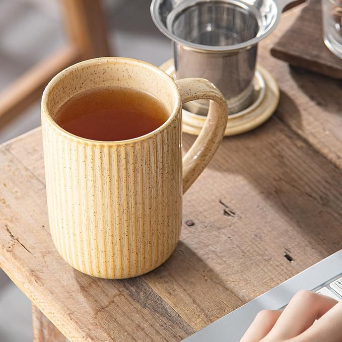 Yundu 15.5oz/470ml Flambe Cream Ceramics Teacups with Infuser and Lid, Loose Leaf Tea Cup