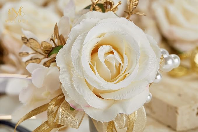 Meldel Rose Wrist Corsage for Girls Women Bride Bridesmaid, Set of 6, Champagne Hand Flower Wedding Artificial Flowers Accessories for Prom Party