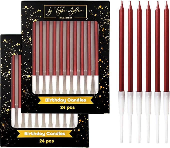 by Tugba Aydan - Red Birthday Candles - 24 Count Long Thin Red Birthday Candles for Cake, Metallic Cake Candle for Birthday, Party Candles
