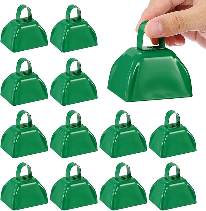 PATIKIL 16pcs Cow Bells for Football Games, 3inch Cowbells for Sporting Events Bulk Loud Noise Makers Metal Cow Bell with Handle for Cheering Competition Marathon Wedding, Green