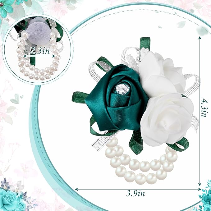 Zeyune 18 Pcs Wrist Corsages for Prom Wedding Artificial Rose Wristlet Corsage Hand Flower for Mother of Bride and Groom, Bridal, Bridesmaid Wedding Supplies (Dark Green)
